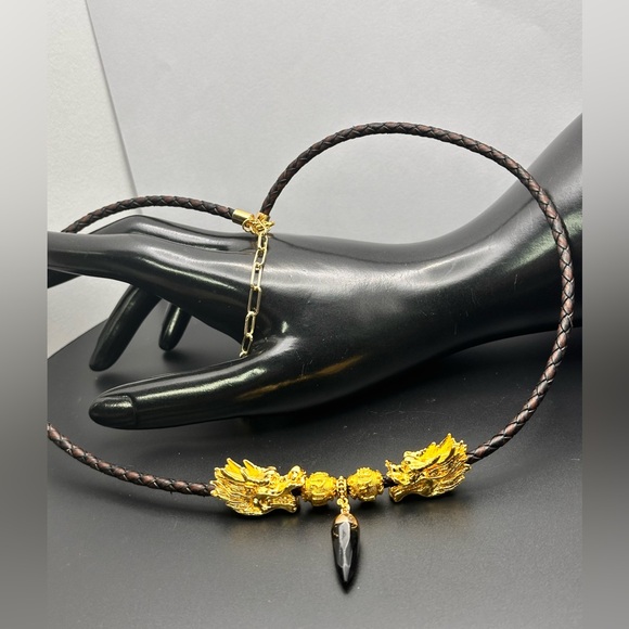 DRAGONS HEAD + ONYX NATURAL CHOKER NECKLACE size adjustable - Picture 5 of 11